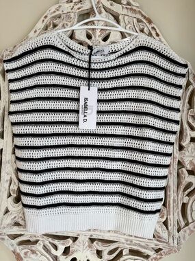 Bella D. Black and White Striped Open-Knit Crewneck Sweater